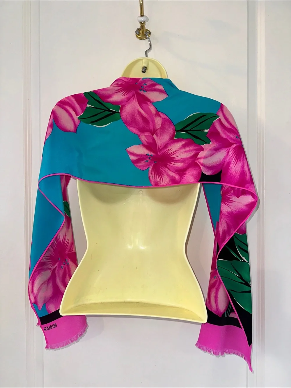 Vintage Bill Blass Hot Pink, Teal Green & Black Floral Long‎ Scarf